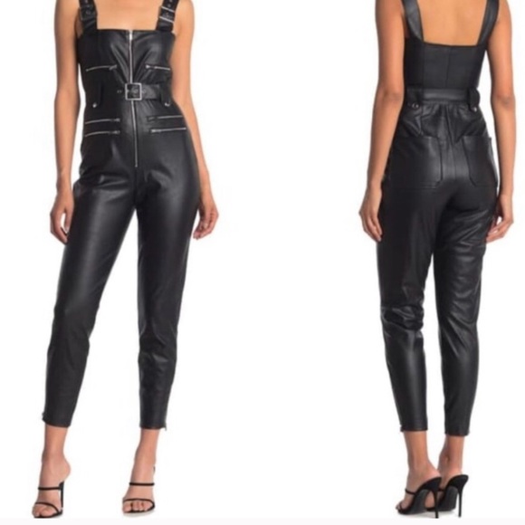 WeWoreWhat Pants - We Wore What NEW Faux Leather Moto Overalls Black